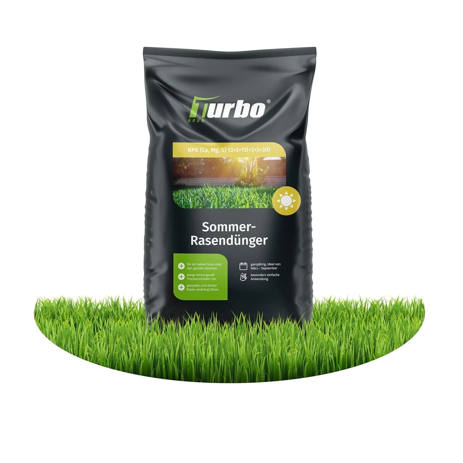 turbogrün® Rasendünger Sommer 20 kg für Rasenpflege bei Hitze | Staubarmes Granulat für gesunden Rasen im Sommer - verd…
