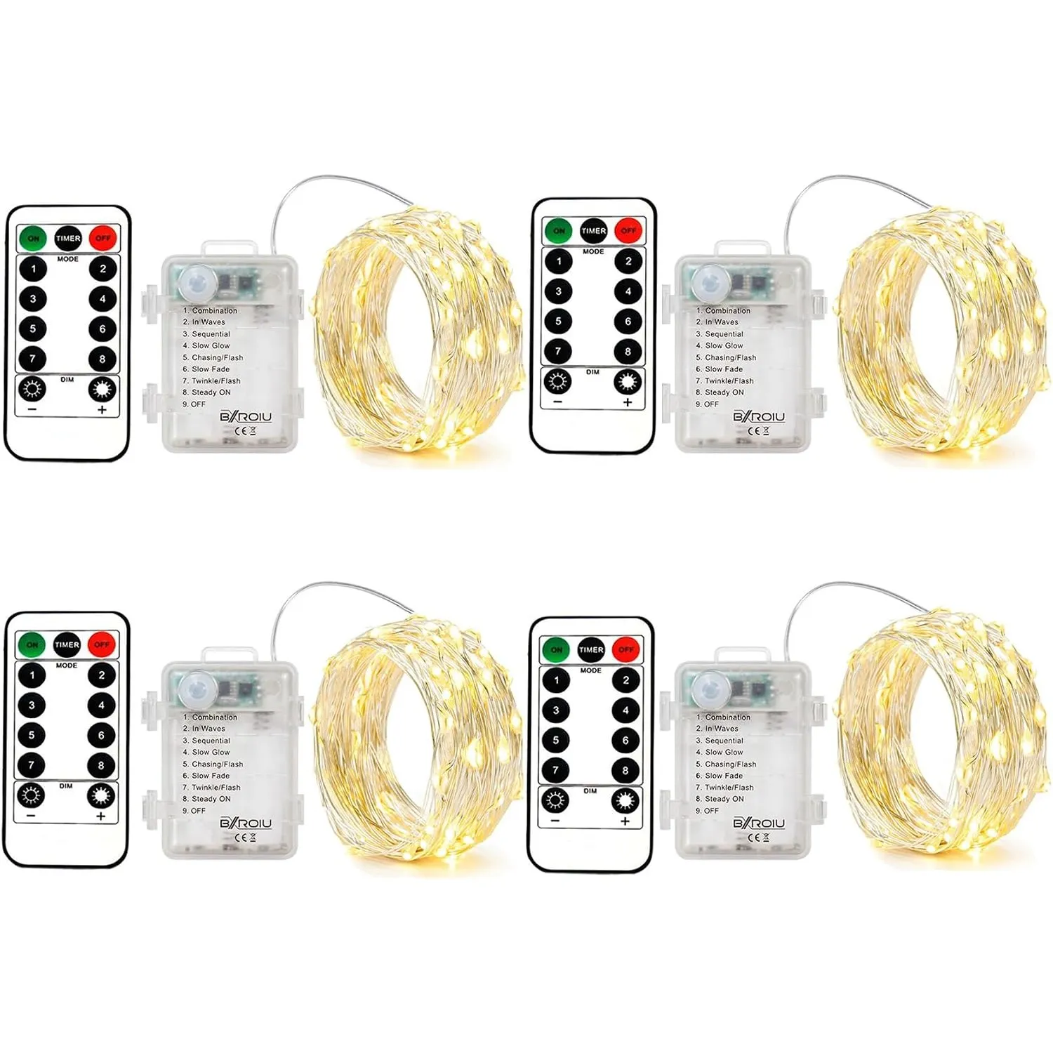 BXROIU 4X LED Lichterkette Batterie 5 m 50 LEDs mit Fernbedienung, Timer