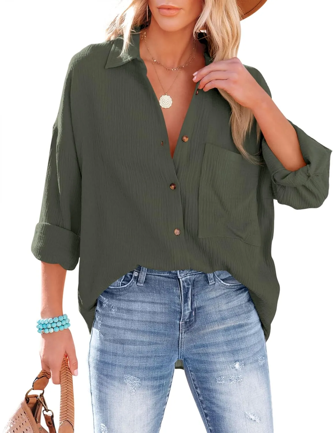 NONSAR Bluse Damen Lässiges Hemd mit V-Ausschnitt 100% Baumwolle Lockere Passform Solide Dickes Oberteil Elegant mit Ta…