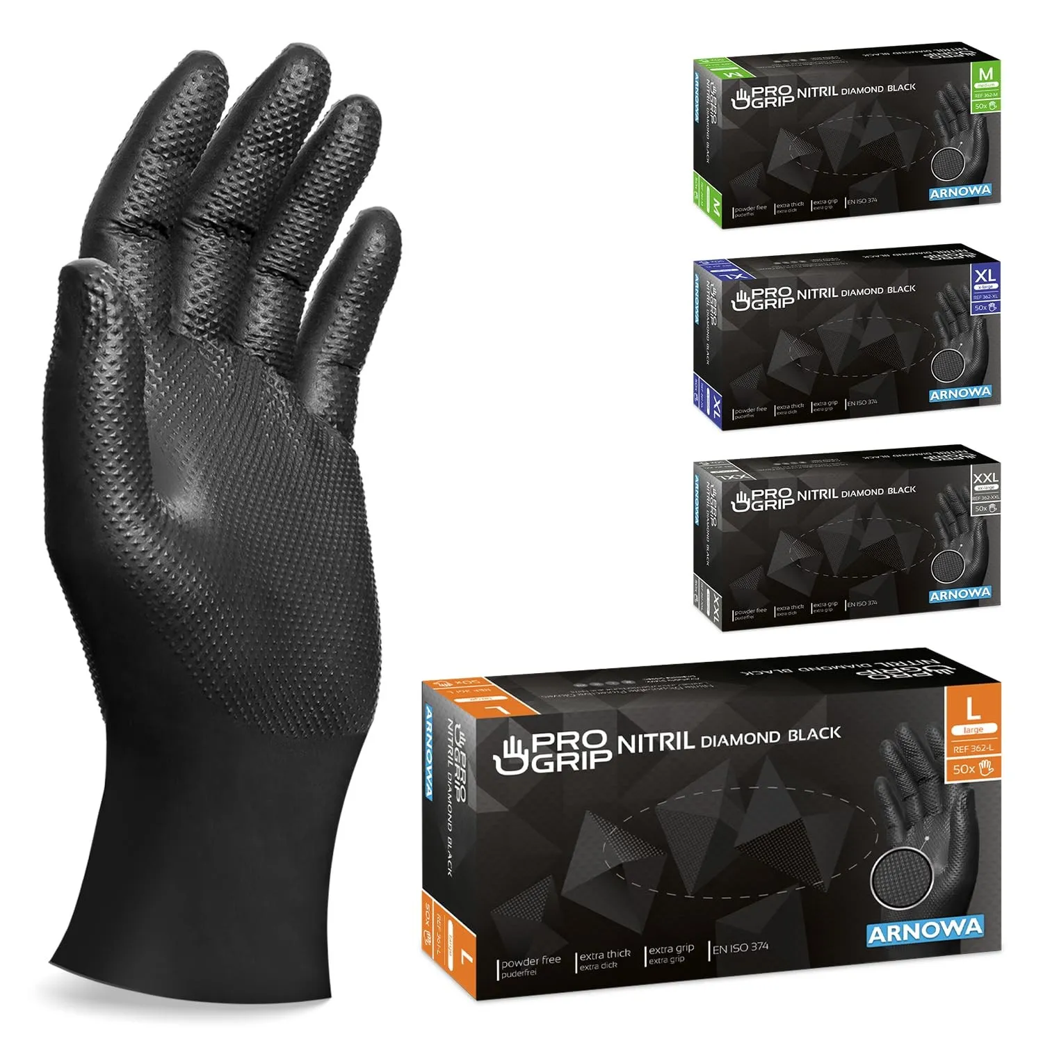 50x PROGRIP Einweghandschuhe Diamant Grip Schwarz, Nitrilhandschuhe L | Einmalhandschuhe Extra Stark, Handschuhe Einweg…