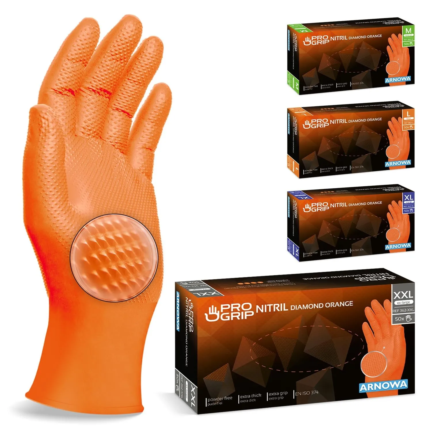 50x PROGRIP Einweghandschuhe Diamant Grip Orange, Nitrilhandschuhe XXL | Einmalhandschuhe Extra Stark, Handschuhe Einwe…