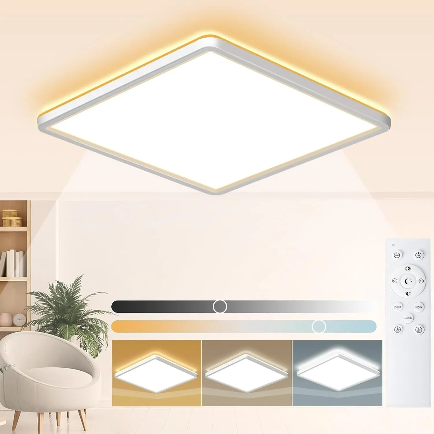Wholede LED Deckenleuchte Flach Dimmbar, 24W 3240LM LED Lampe mit Fernbedienung, 3000K-6500K Ultra Dünn Quadrat Deckenl…
