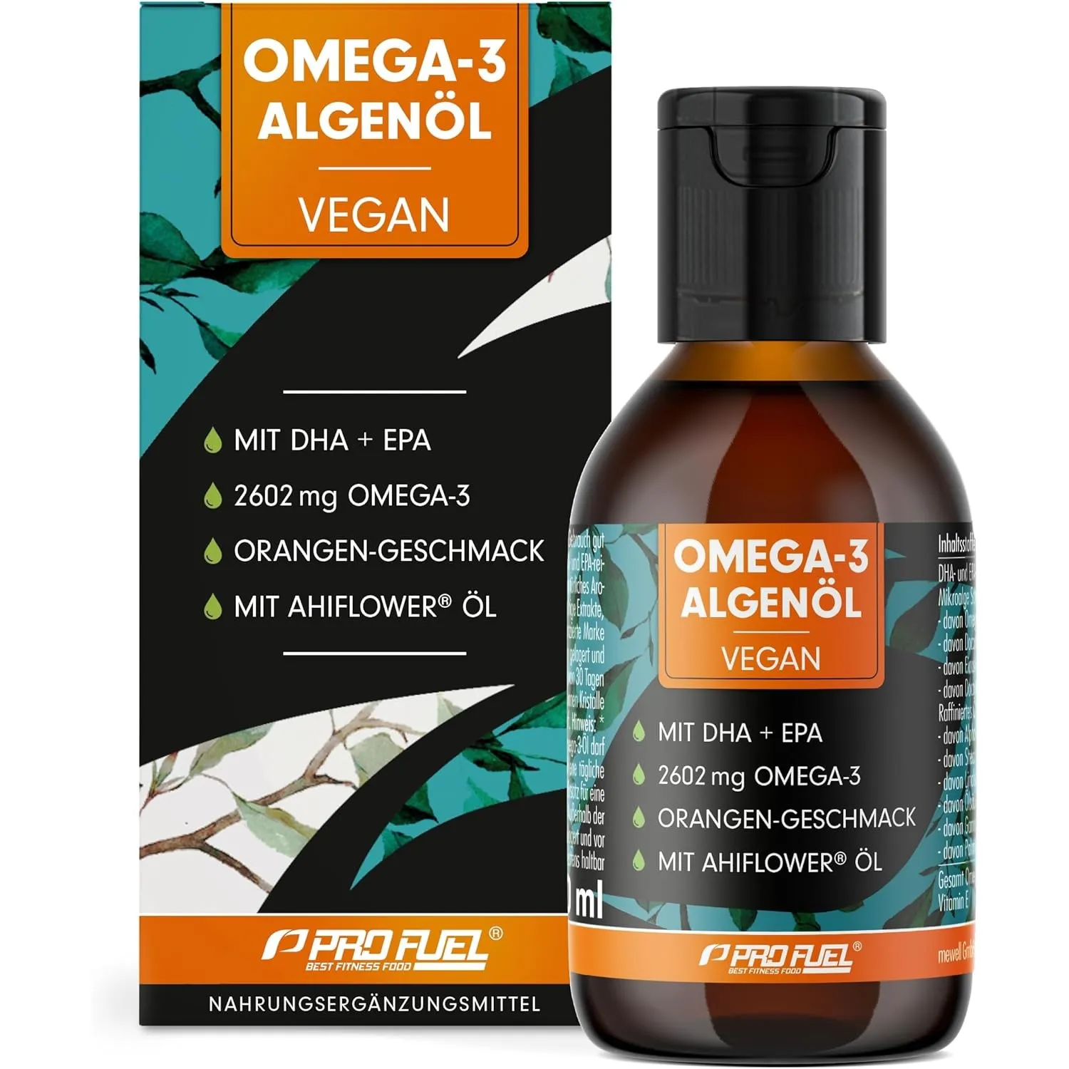 Omega-3 Algenöl 100 ml - hochdosiert mit 3665 mg Algenöl, davon 1203 mg DHA & 667 mg EPA - veganes Omega-3 Öl + Ahiflow…