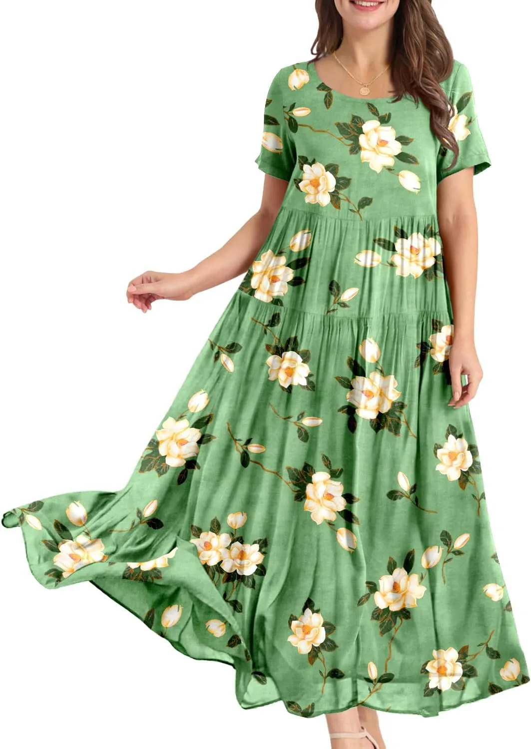 YESNO EJFDE Women's Casual Loose Summer Dress, Long Boho Round Neck Maxi Dress, Beach Dress, Flower Dress