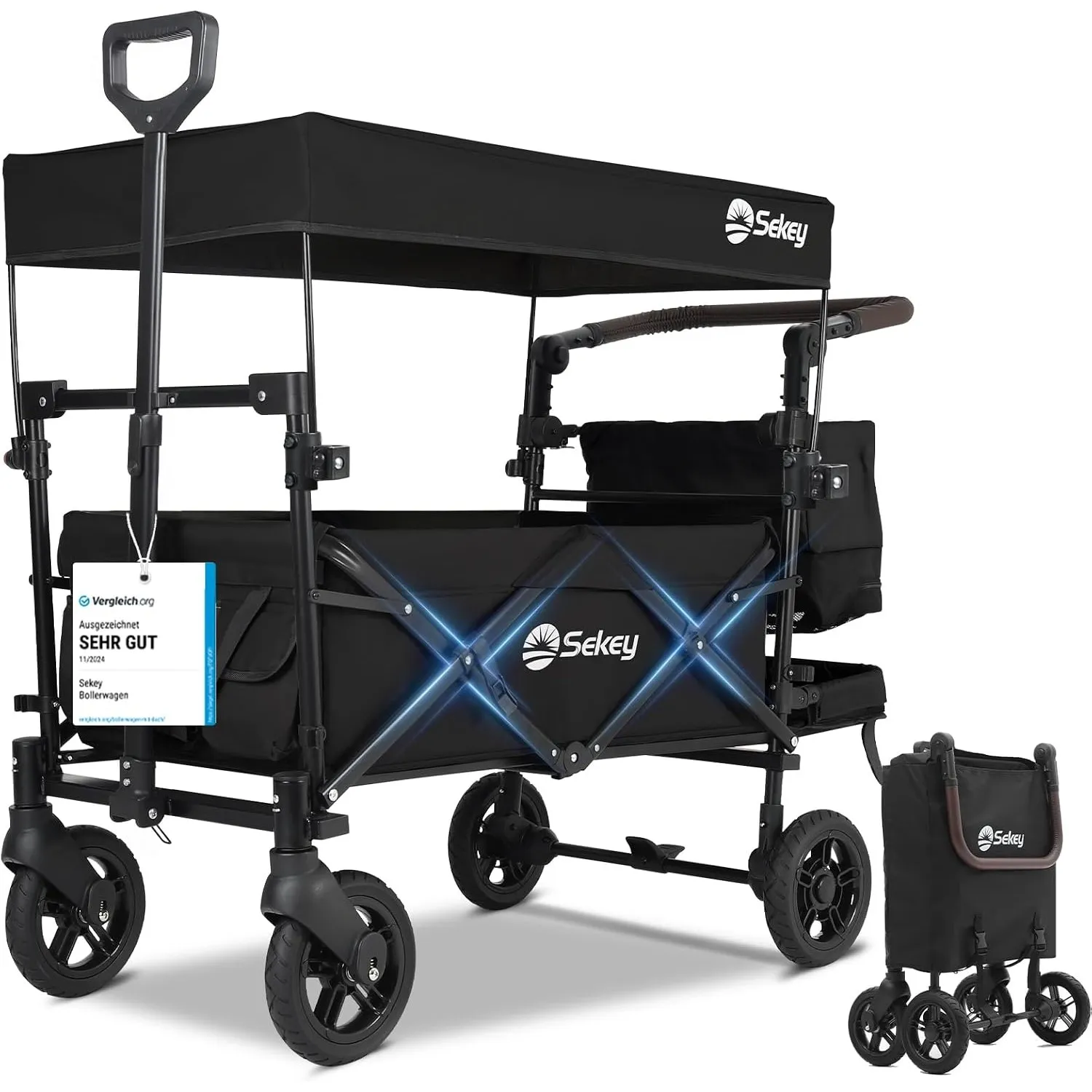 Sekey Bollerwagen Faltbar mit Dach SS5050, Kinderwagen für 1-2 Kinder