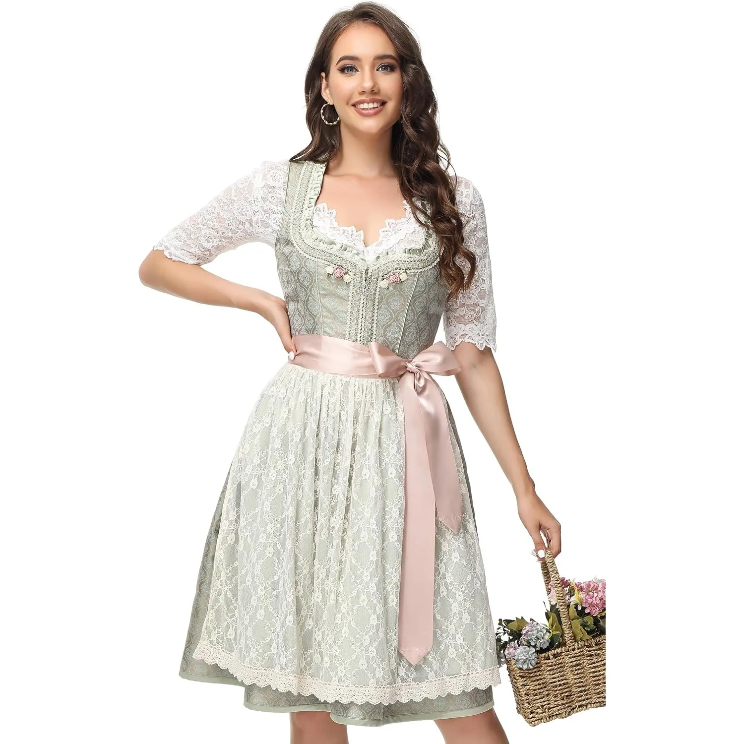 TrendiMax Trachten Damen Dirndl Midi Dirndlkleid Tachtenkleid für Oktoberfest mit Spitzenschürze 34-48