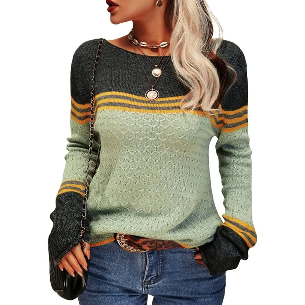 Tankaneo Damen Pullover Colorblock Langarm Rundhals Strickpullover