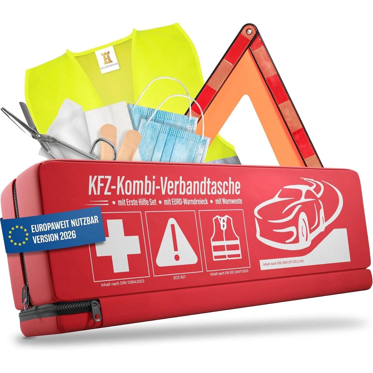 HELDENWERK® Erste Hilfe Set Auto 3in1 Norm 2026 mit Warndreieck & Warnweste