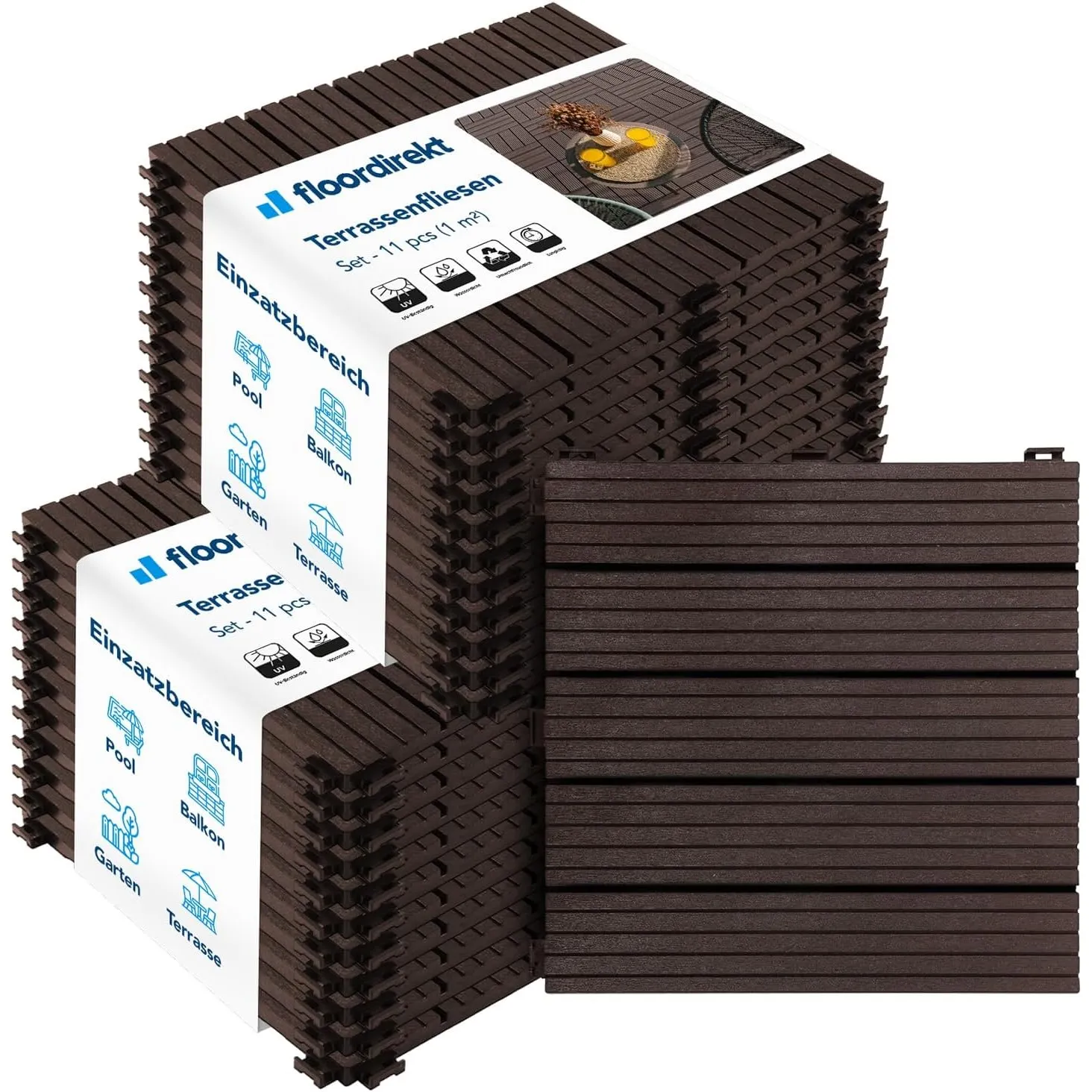 Floordirekt Fliesen 30x30 cm, 2m² = 22 Terrassenfliesen, Klickfliesen, Balkonfliesen in Holzoptik - Bodenbelag für Balk…