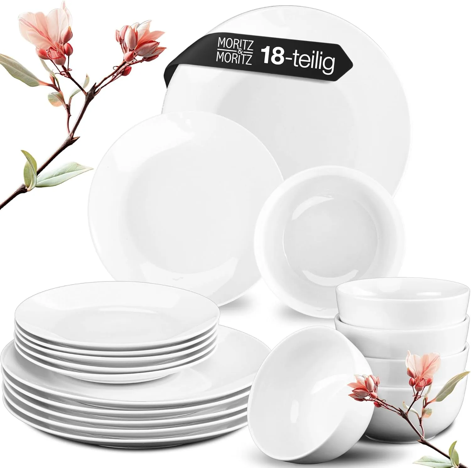 Moritz & Moritz Basic 18-Piece Crockery Set for 6 People Modern – Made of High-Quality Porcelain in Classic White – Con…