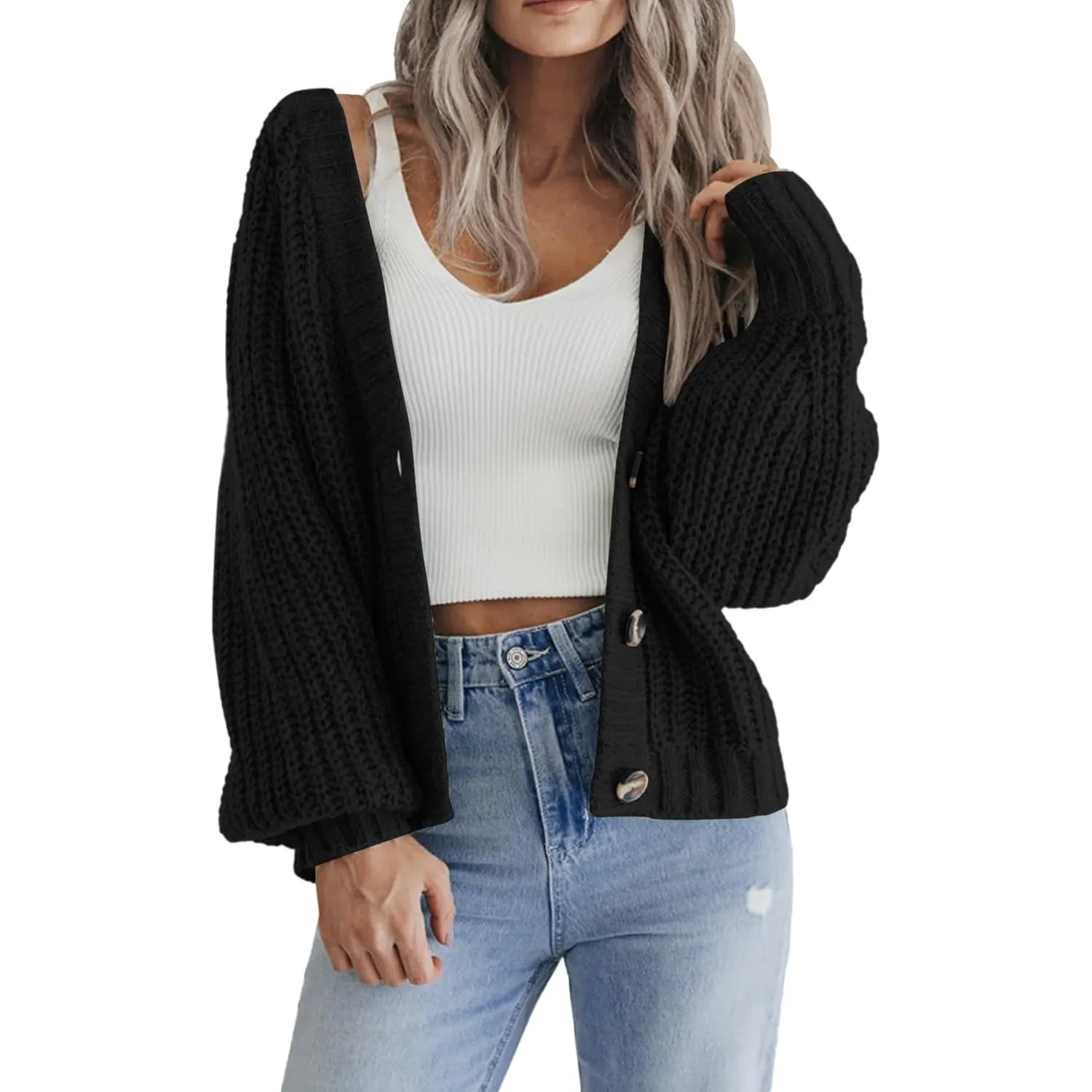 Hotouch Strickjacke Damen Kurz Cardigan V-Ausschnitt Knopfleiste Bolero