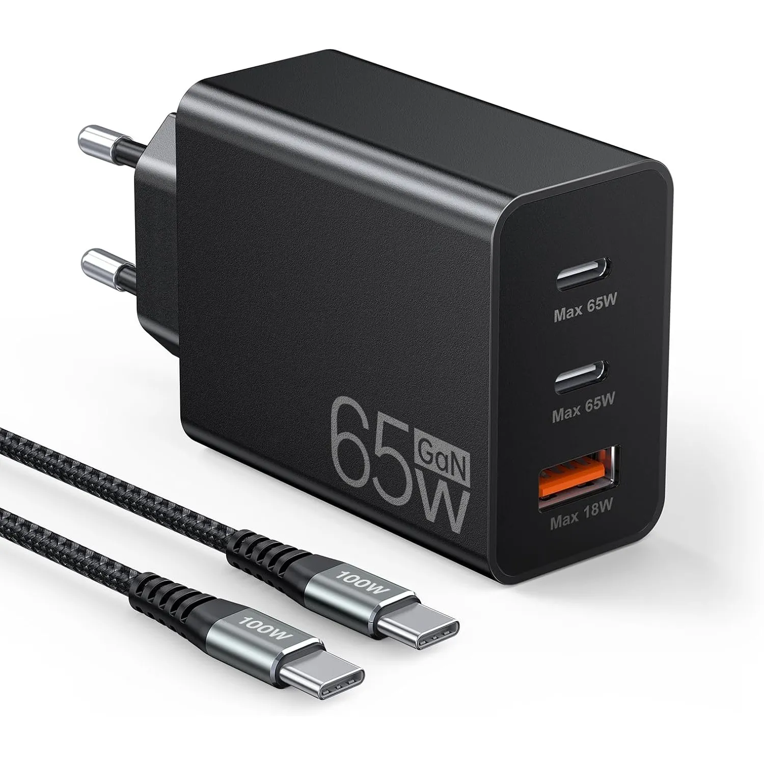 65W USB C Ladegerät, 3-Port 30% Schnellladegerät mit Ladekabel 2M