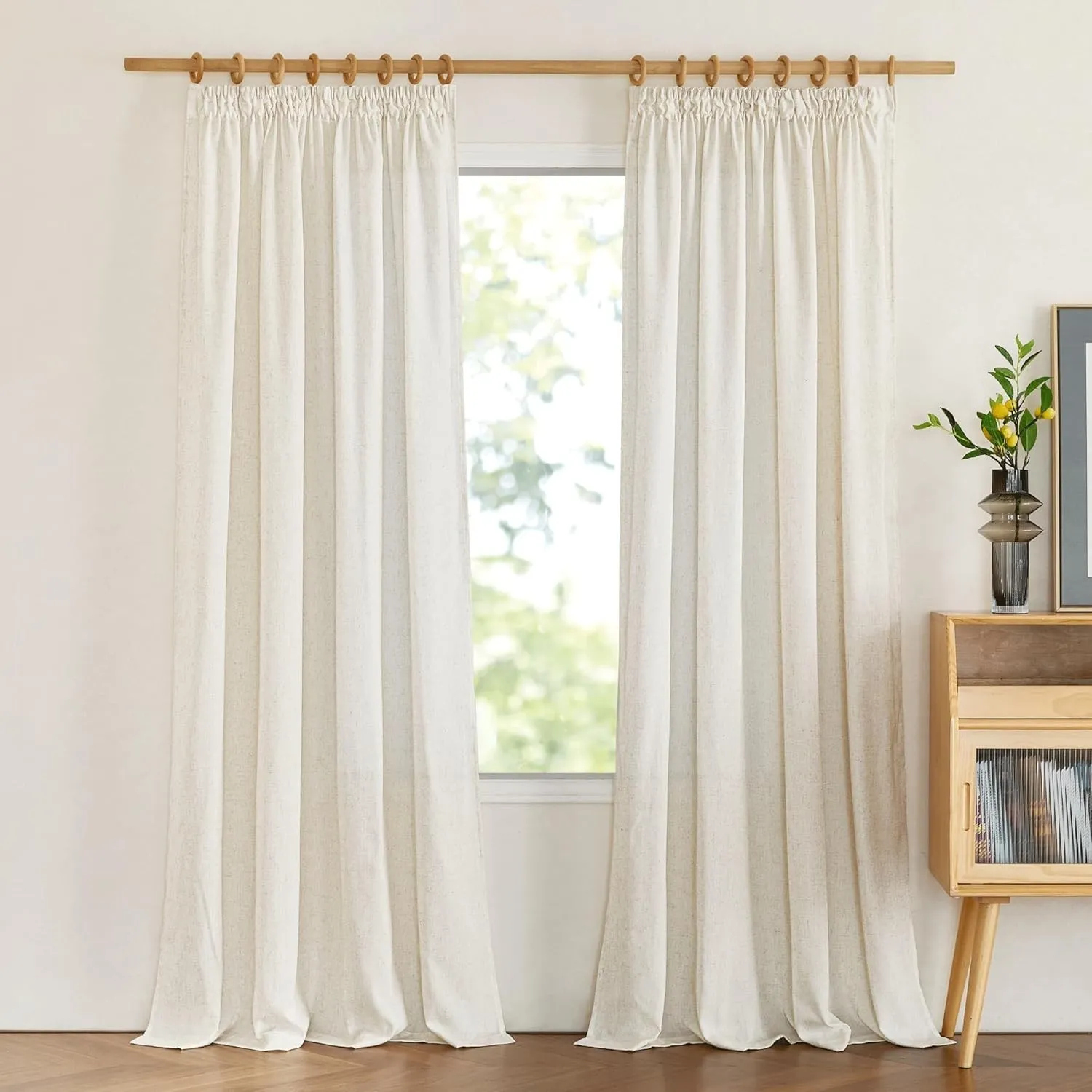 PONY DANCE Gardinen Wohnzimmer Kräuselband Boho Vorhänge Leinen Beige 2er Set Leinenvorhang Halbtransparent Schienensys…