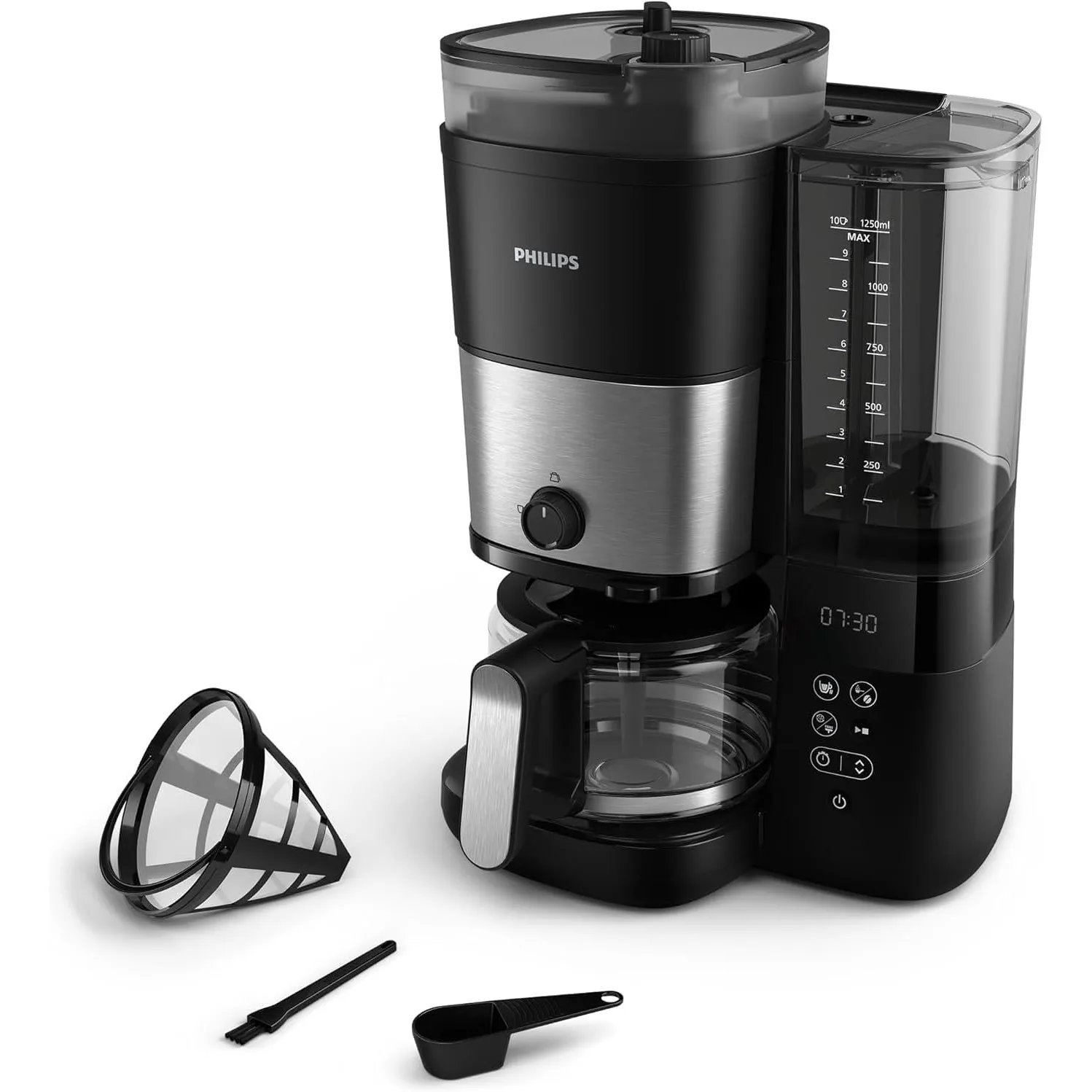 PHILIPS Filterkaffeemaschine All-in-1, Schwarz, 1,25 L Fassungsvermögen | Duo Bohnenbehälter, Glaskanne, mit Mahlwerk, …