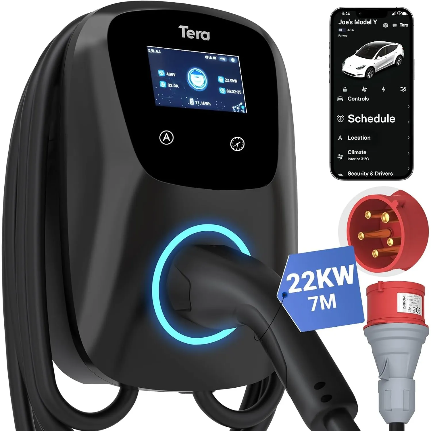 Tera EV Ladegerät Smart APP mit 32A Typ 2 22kW oder 11kW Heim Ladestation 400V CE & TÜV Wallbox 7m Ladekabel mit Ladege…