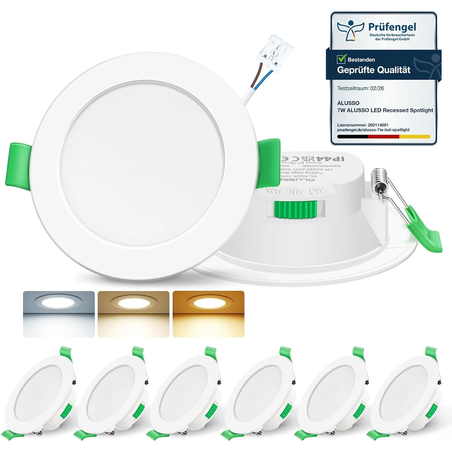 ALUSSO LED Einbaustrahler 230V 7W 3CCT Dimmbar 68mm Spots, Weiss 6er Set