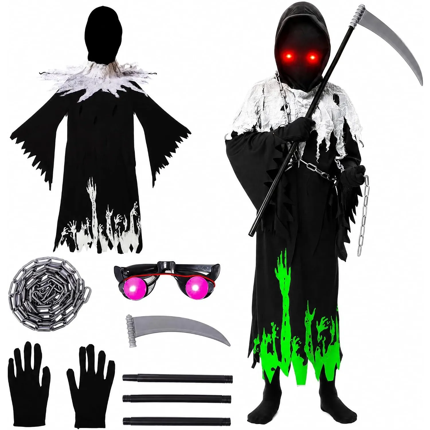 Sunwuun Halloween Sensenmann Kostüm Kinder Jungen, Leuchten Im Dunkeln Halloween Gruselig Zombie Geist Kostüm Kinder fü…