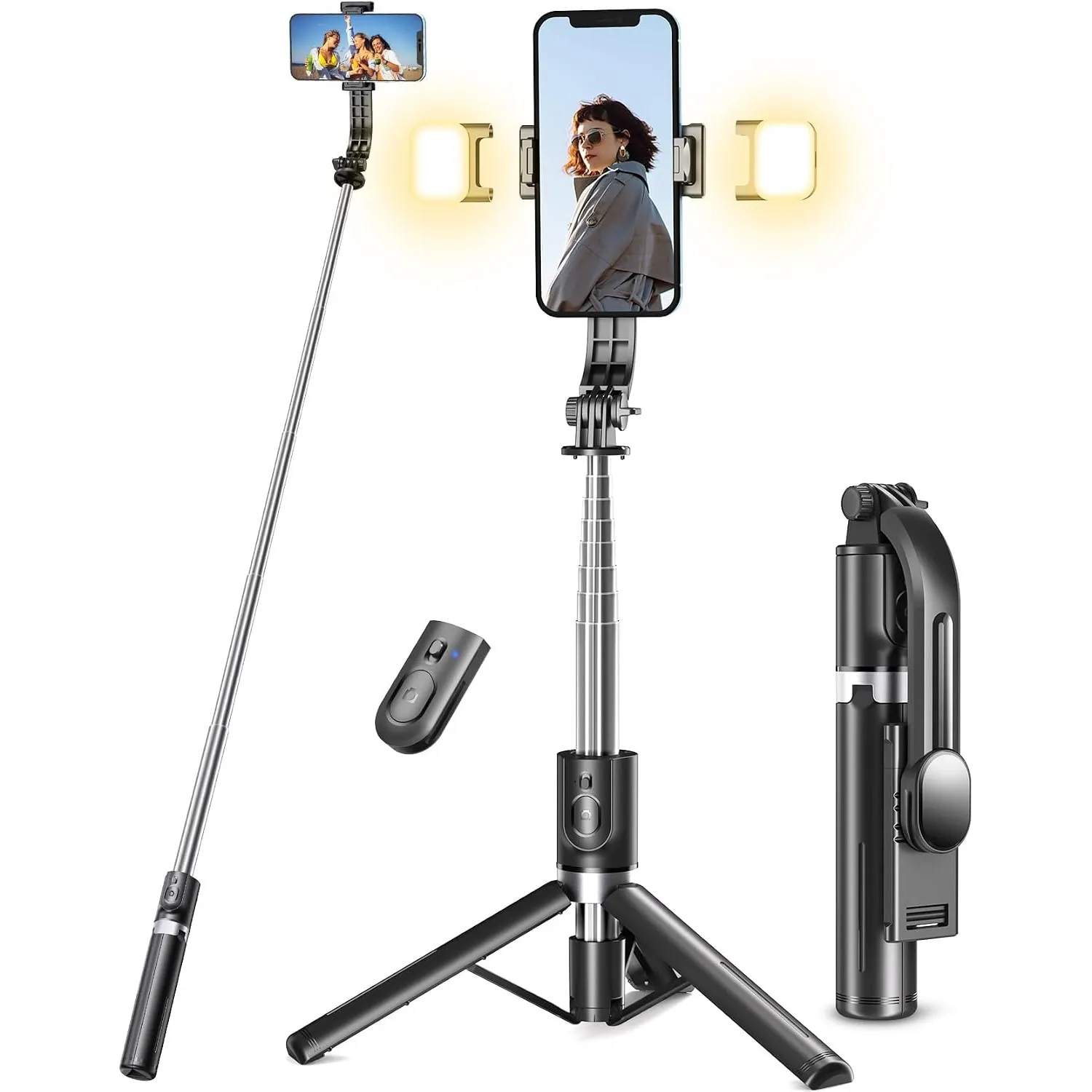 Selfie Stick Stativ mit 2 Fülllicht mit Abnehmbarer Fernbedienung