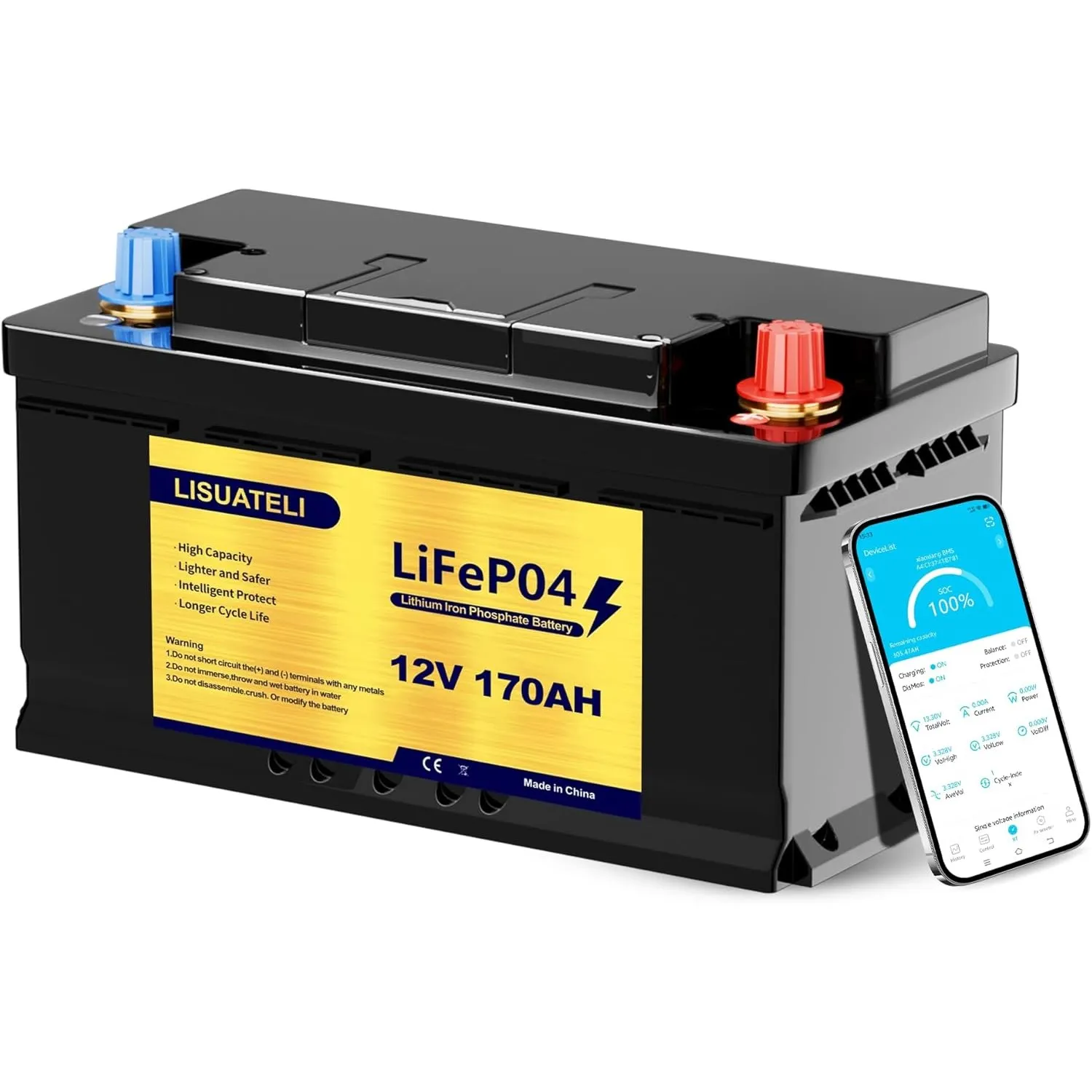 12V 170Ah LiFePO4 Batterie mit Bluetooth, Eingebautes 150A BMS, Lithium Eisenphosphat Akku, Tiefzyklus für Wohnmobil, S…