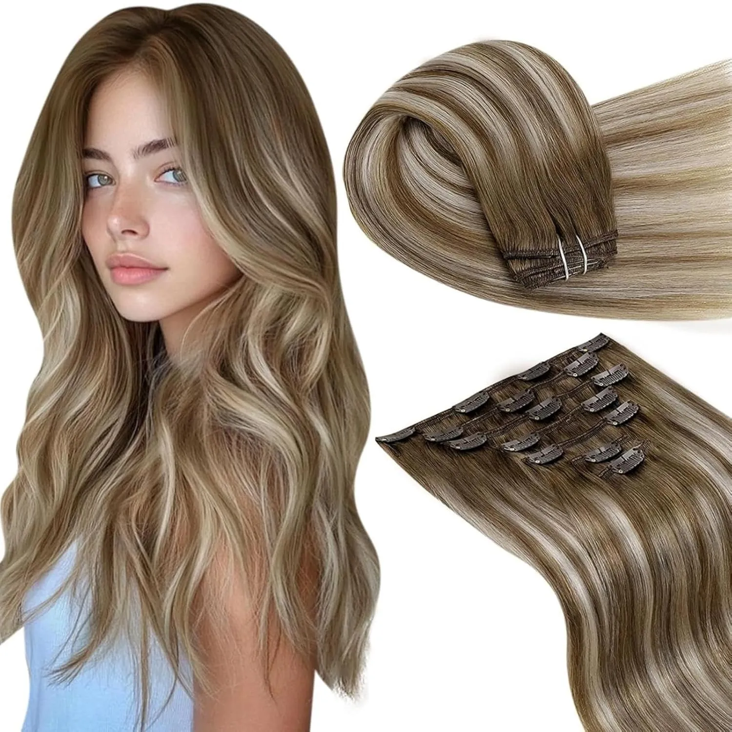 LaaVoo Clip in Extensions Blond Balayage Extensions Clip Echthaar Glatt Ombre Hellbraun Blond 120g 7pcs #8/60/8 45cm