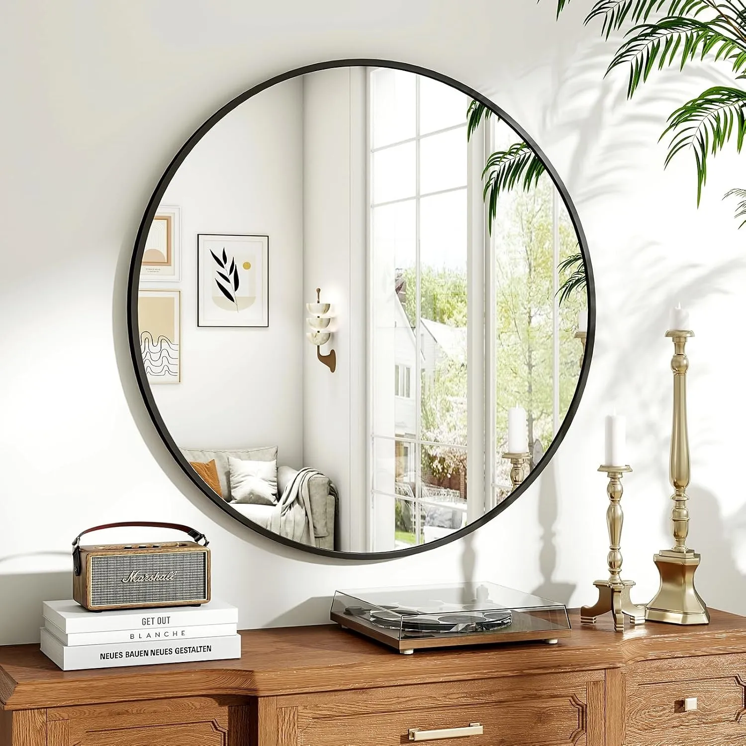 Koonmi runder Wandspiegel 80 cm, Metallrahmen, Schwarz
