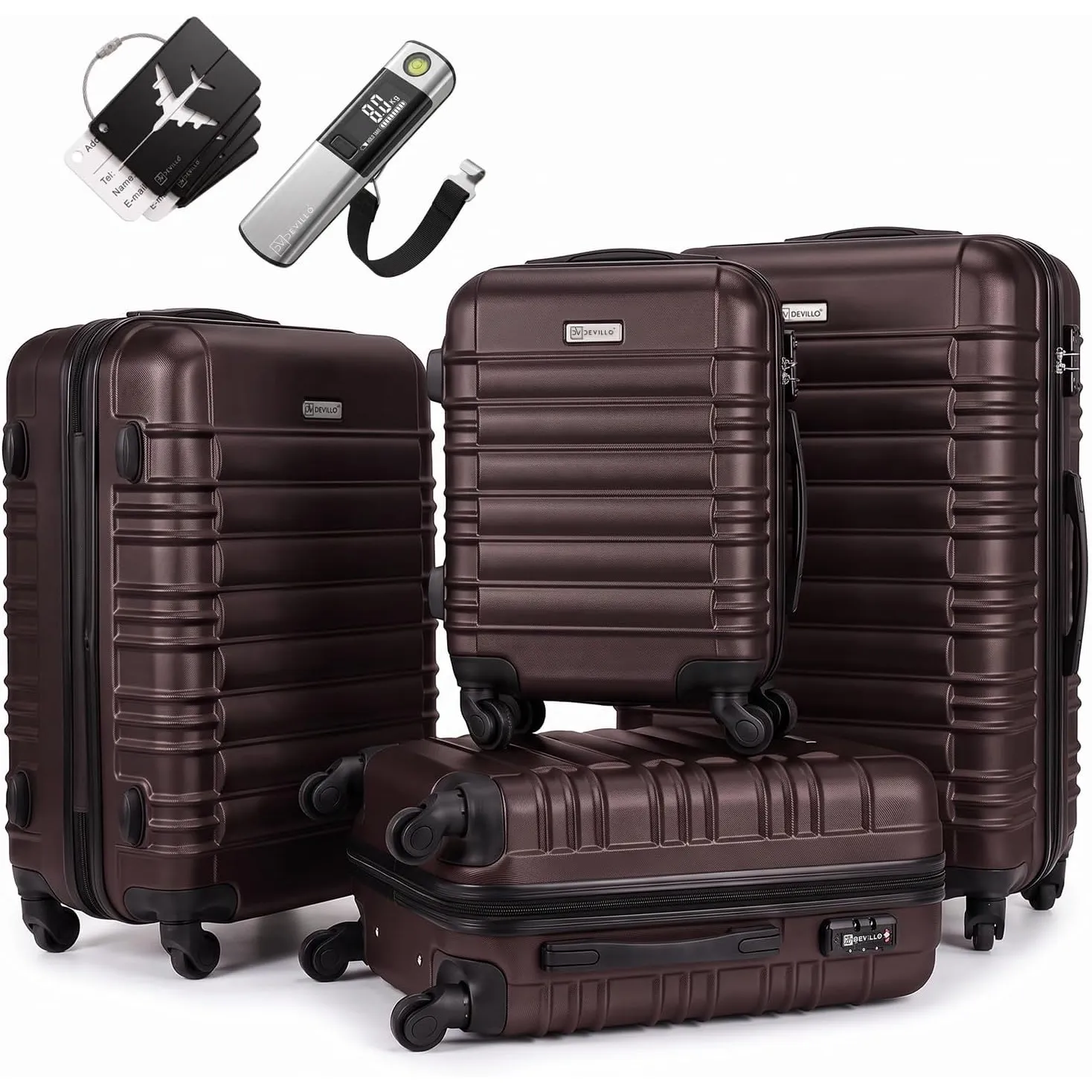 Devillo® Hartschalenkofferset Kofferset 4tlg. S-M-L-XL, Braun - Hard Shell Trolley Koffer Reisekoffer Reisekofferset Ge…