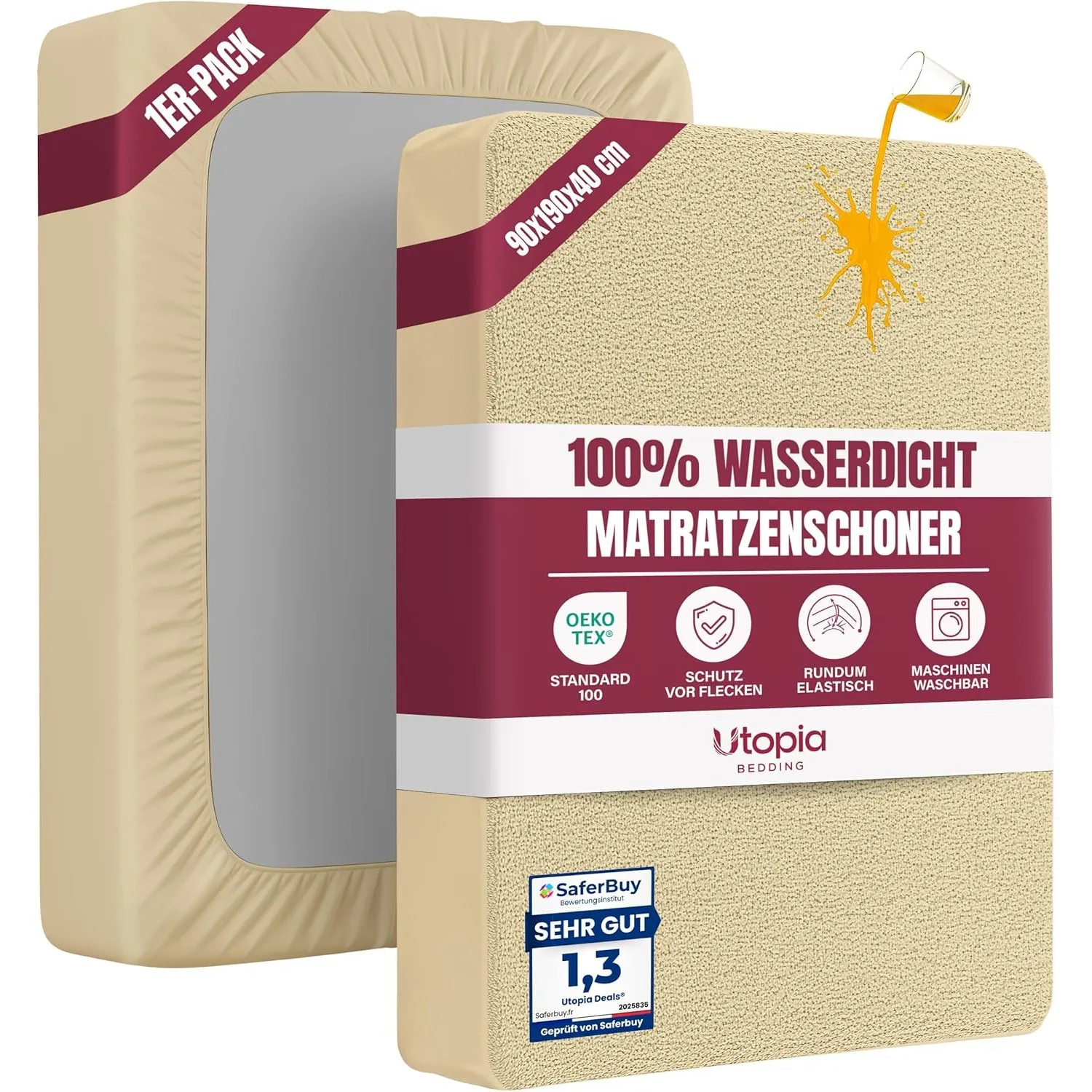 Wasserdichter Matratzenschoner 90x190cm, 40 cm tief matratzenschutz (Beige)