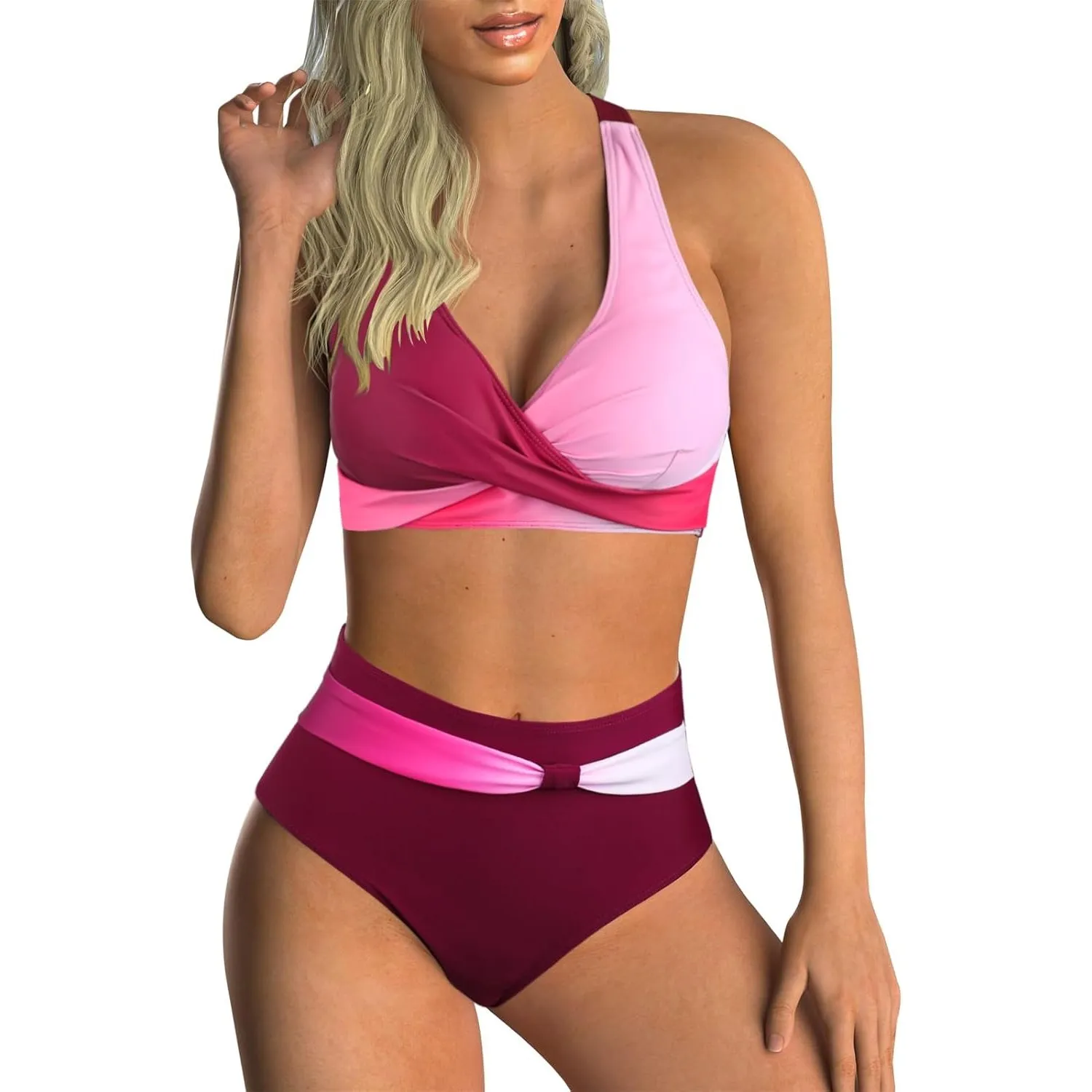 Adigaber Damen Zweiteiliger Badeanzug V Ausschnitt überkreuztes Blumenmuster Bikini Bademode Bauchkontrolle Bikini Sets
