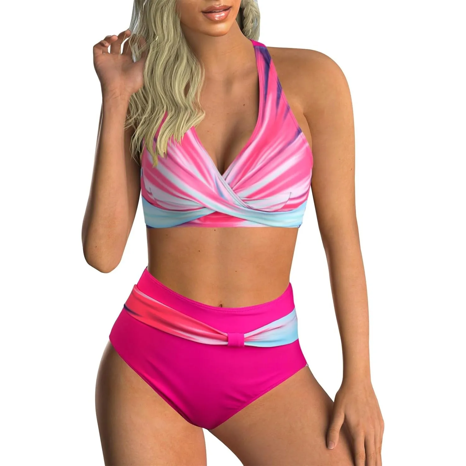 Adigaber Damen Zweiteiliger Badeanzug V Ausschnitt überkreuztes Blumenmuster Bikini Bademode Bauchkontrolle Bikini Sets