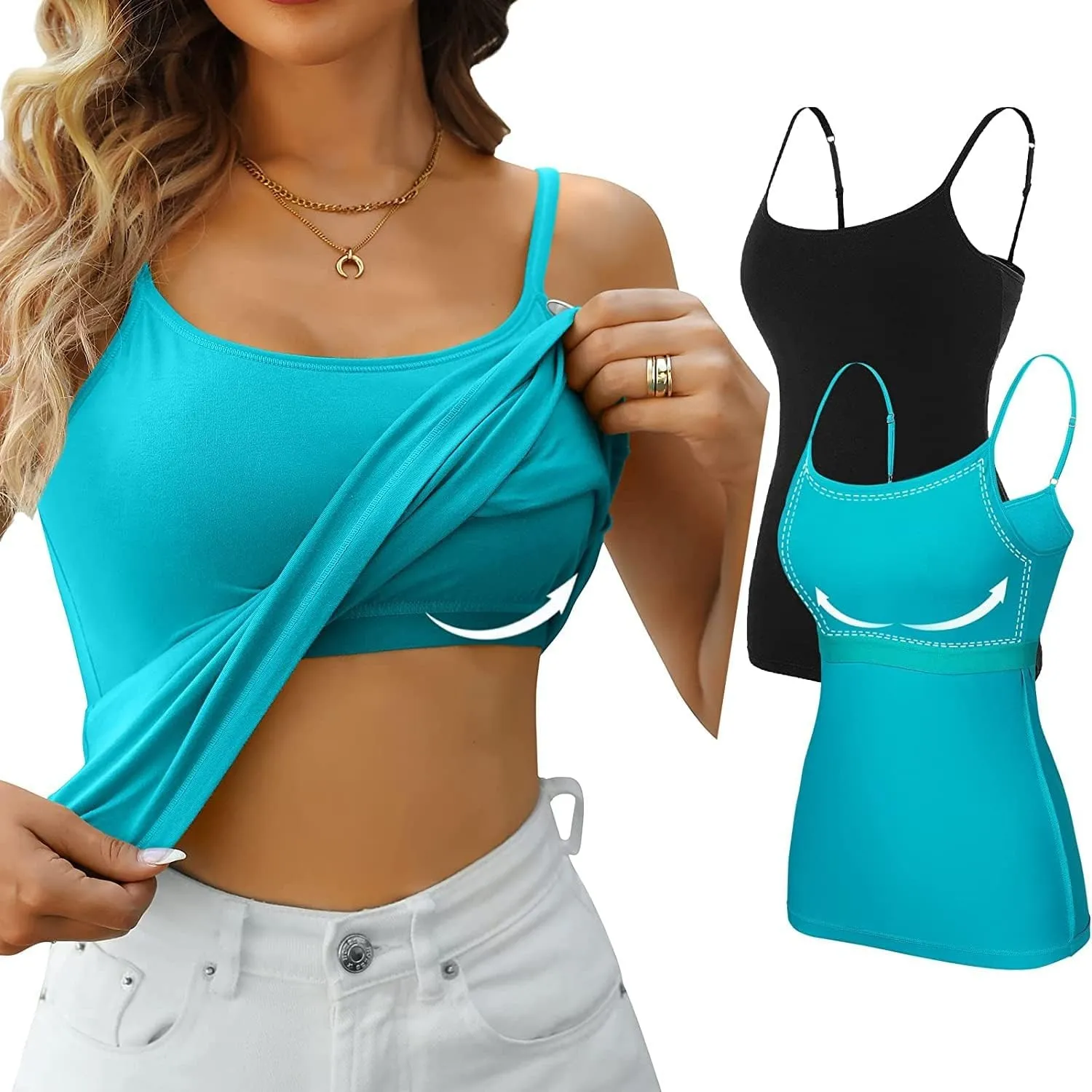 Attraco 2er Pack Damen Baumwolle Tank Top mit Regal BH Unterhemd Verstellbarer breiter Riemen Camisole Basic Cami Tanks