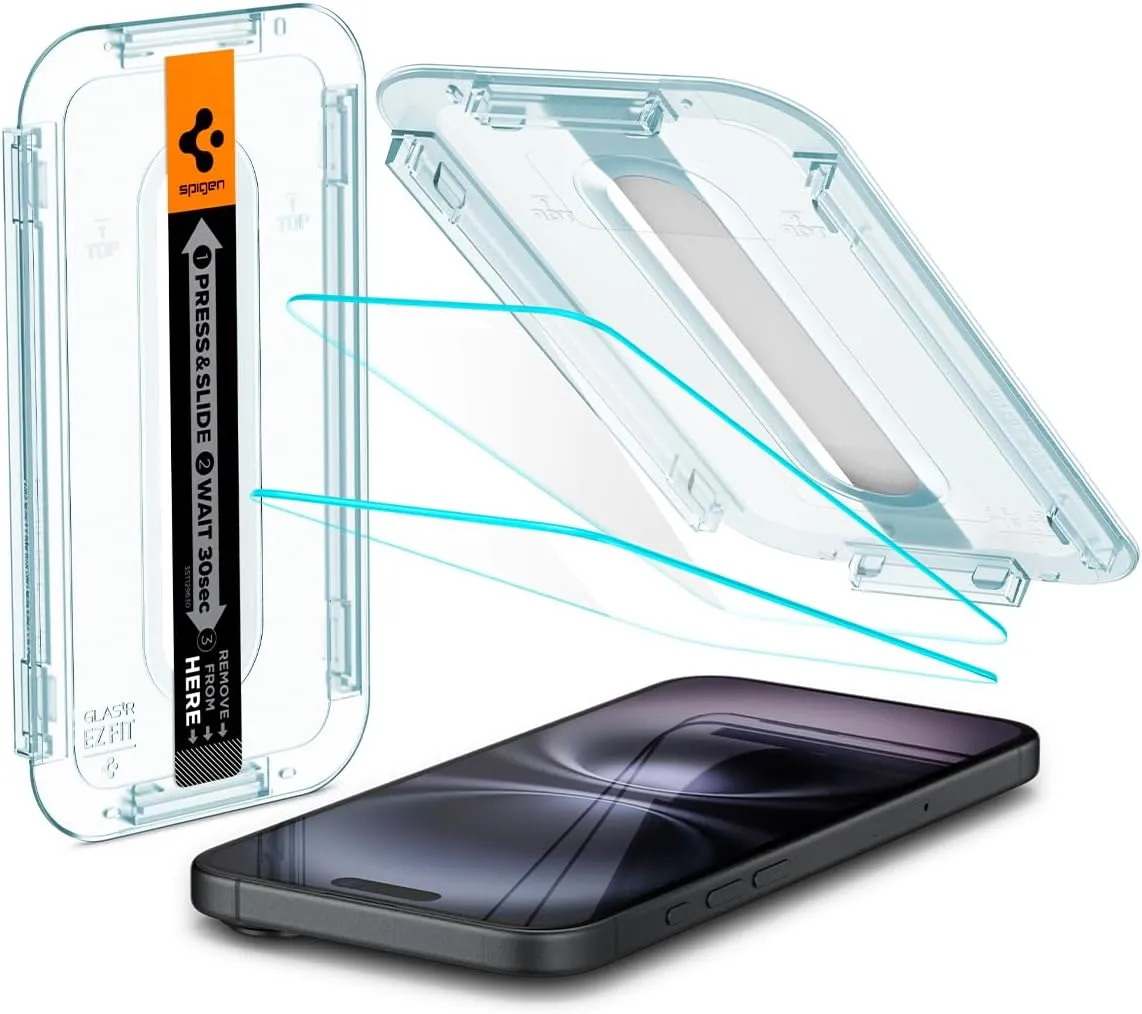 Spigen Glas.tR EZ Fit Schutzfolie kompatibel mit iPhone 16, iPhone 15, 2 Stück, Kratzfest, 9H Härte Folie