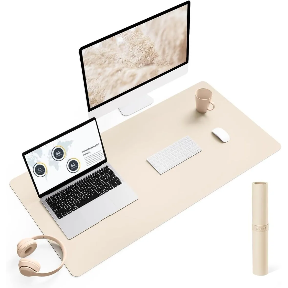YSAGi Schreibtischunterlage, Premium Leder Mauspad, Beige, 90x43cm | Rutschfeste Schreibtisch Unterlage, Tischunterlage…