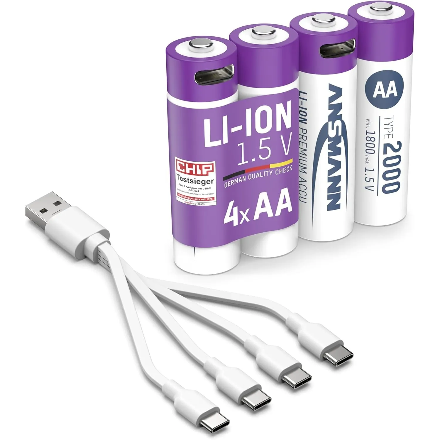 ANSMANN Akku Mignon AA Typ-C Anschluss Li-Ion 1800mAh 1,5V, 4 Stück, wiederaufladbar, ideal für Fernbedienung, Controll…