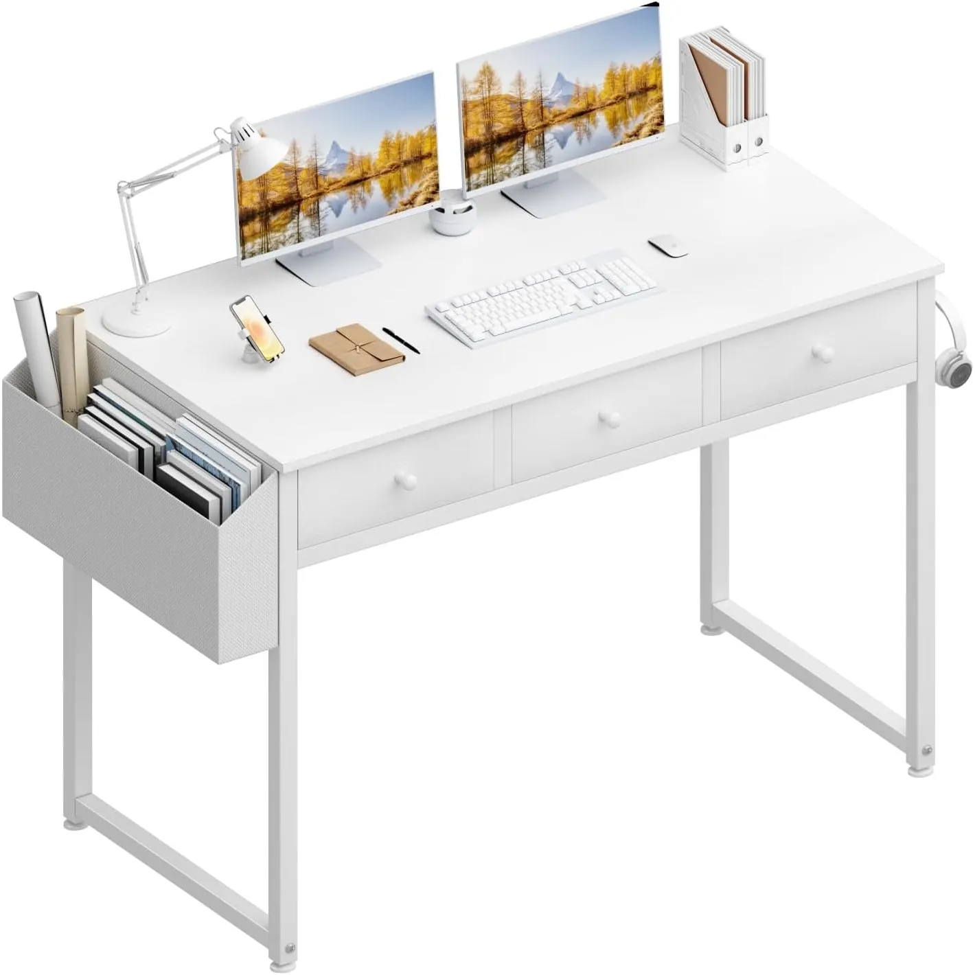 Lufeiya Kleiner Schreibtisch Weiß mit 3 Schubladen,PC Schreibtisch 100cm Klein Computertisch mit Stauraum für Büro Home…