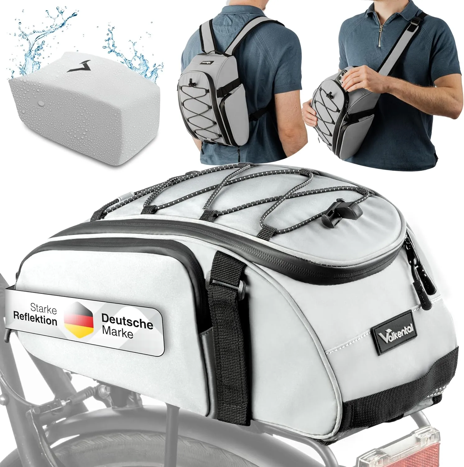 Valkental 3-in-1 Bicycle Bag for Pannier Rack with Backpack Function, 10-14L Volume, Pannier Rack Bag with Numerous Com…