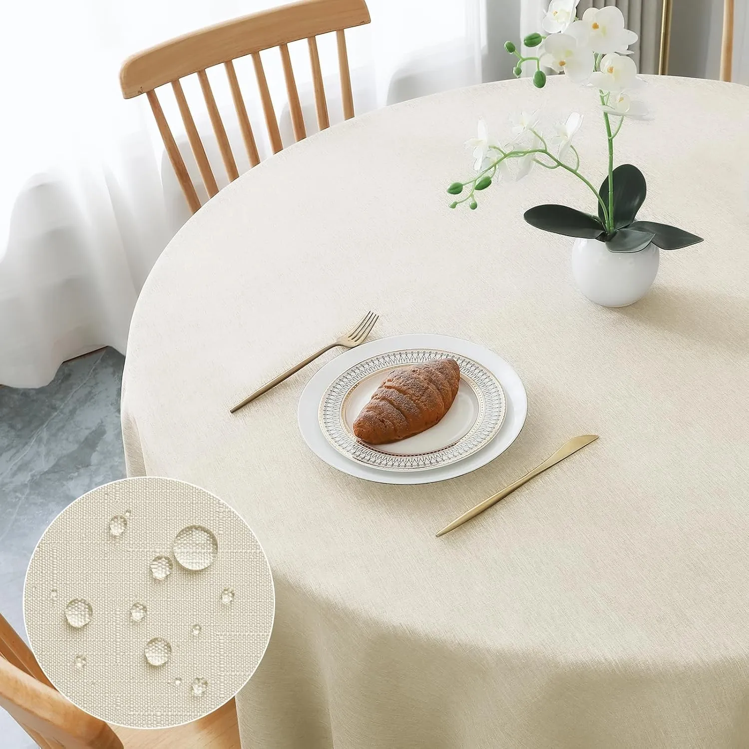 AooHome Tischdecke Rund Φ120cm, Beige Leinen-Optik Tischdecken Abwaschbar Tischtuch aus Polyester Wasserabweisend mit L…