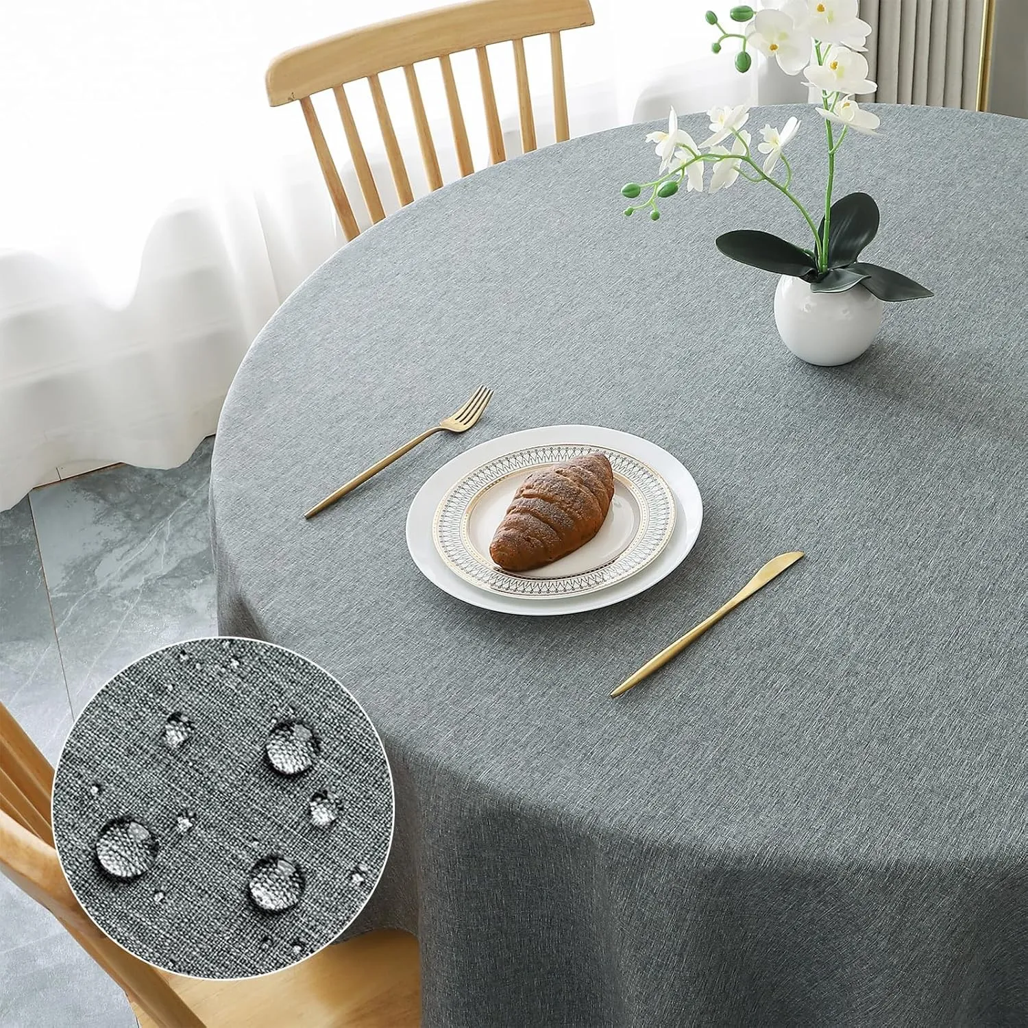 AooHome Tischdecke Rund Φ120cm, Grau Leinen-Optik Tischdecken Abwaschbar Tischtuch aus Polyester Wasserabweisend mit Lo…