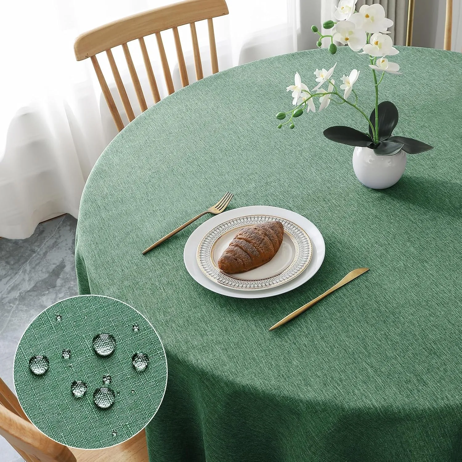 AooHome Tischdecke Rund Φ120cm, Grün Leinen-Optik Tischdecken Abwaschbar Tischtuch aus Polyester Wasserabweisend mit Lo…