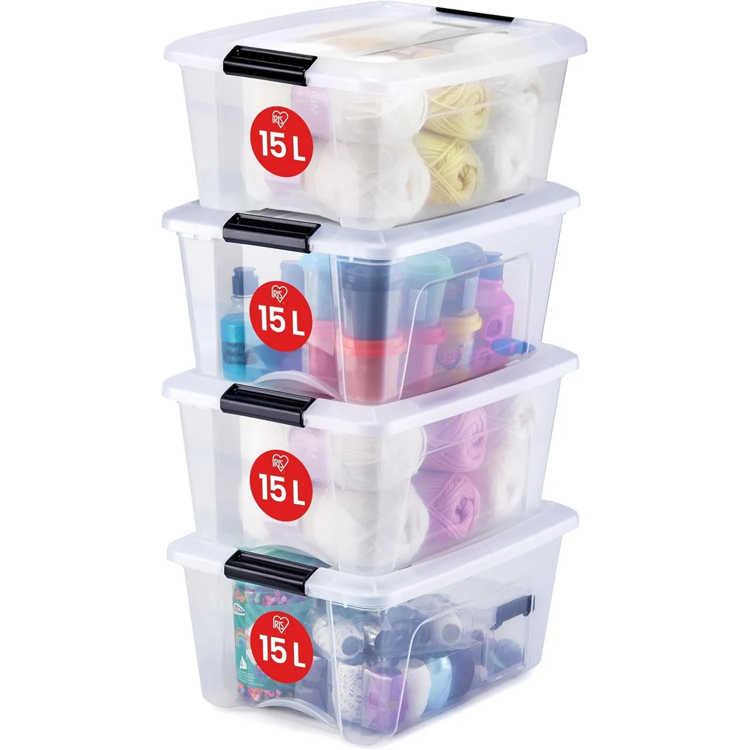 Iris Ohyama, Aufbewahrungsboxen mit Deckel, Kunststoffboxen, Plastikbox, Box mit Deckel, 15L, 4er-Set, Transparent, Ver…