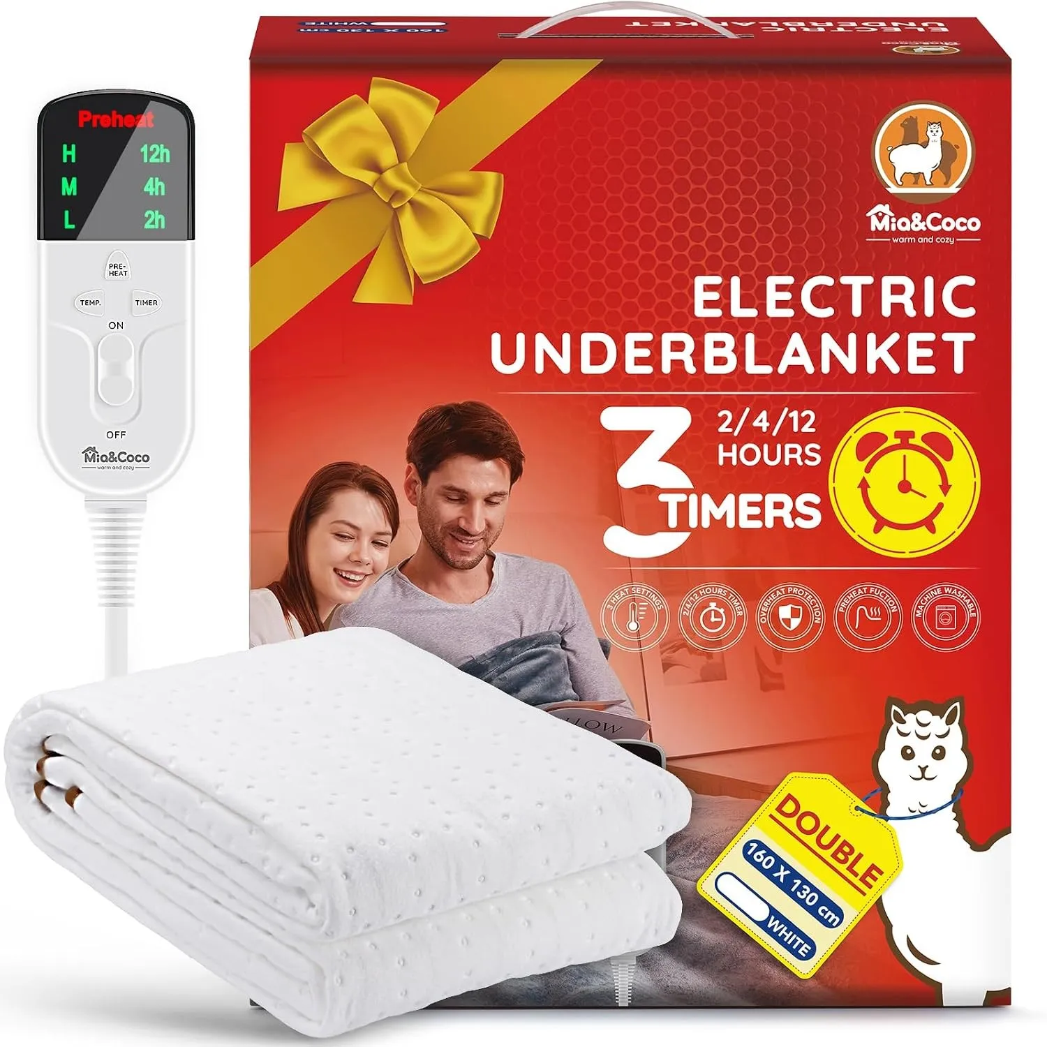 Mia&Coco Heizdecke mit Abschaltautomatik, 160 x 130 cm, Wärmeunterbett mit 12-Stunden-Timer und 3 Wärmestufen, LED-Anze…