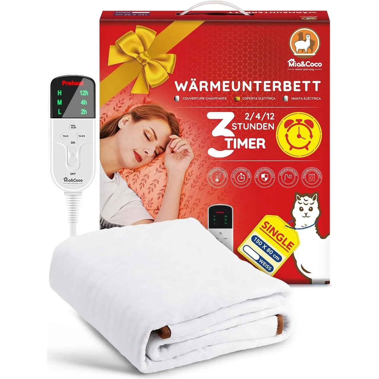 Mia&Coco Heizdecke mit Abschaltautomatik, 150 x 80 cm, Wärmeunterbett mit 12-Stunden-Timer und 3 Wärmestufen, LED-Anzei…