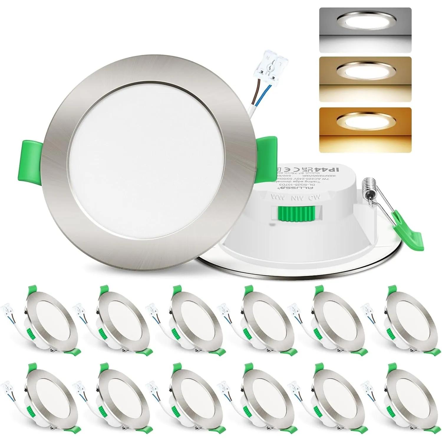 ALUSSO LED Einbaustrahler 230V 7W 3CCT Dimmbar 68mm Spots, Nickel 12er Set