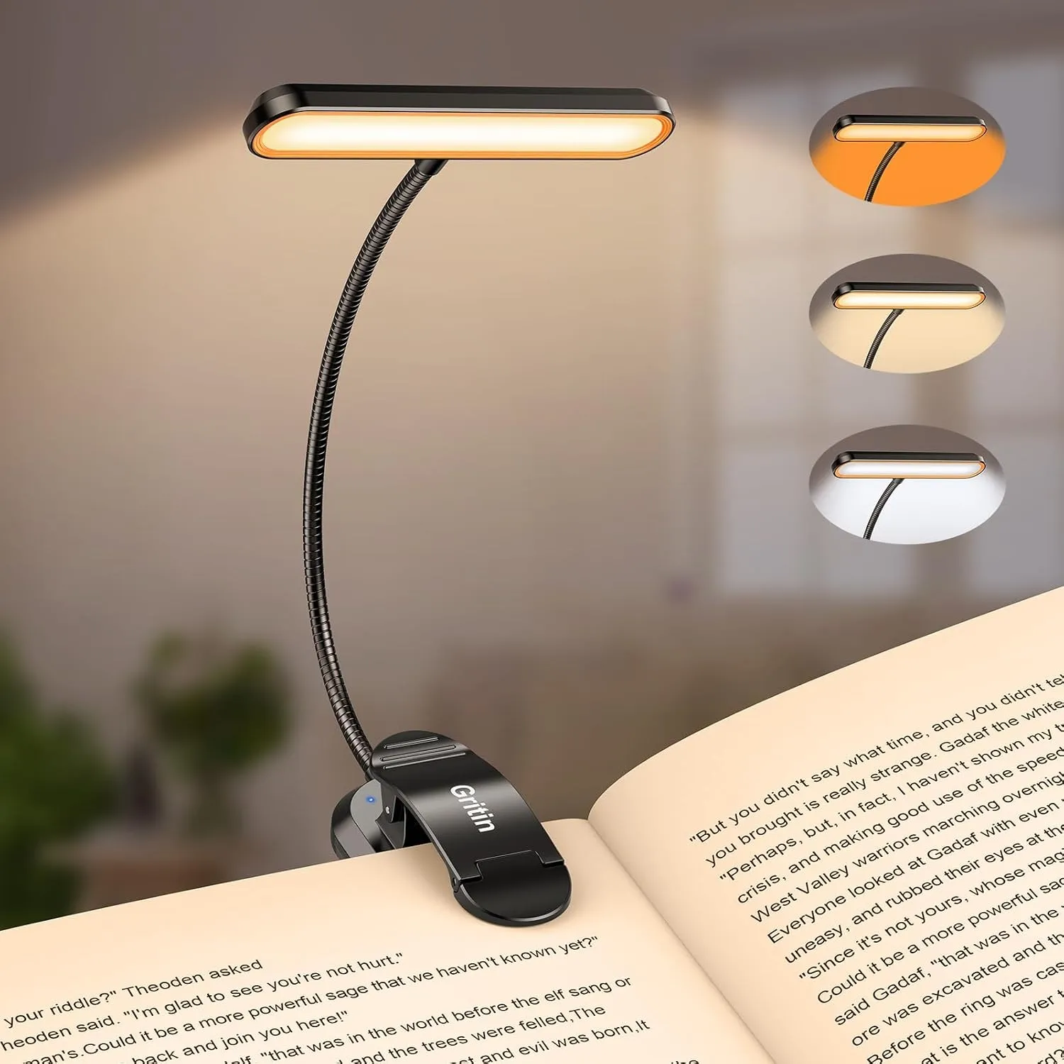 Gritin Leselampe Buch Klemme 19 LEDs, Aufladbare Buchlampe mit 3 Lichtfarbe