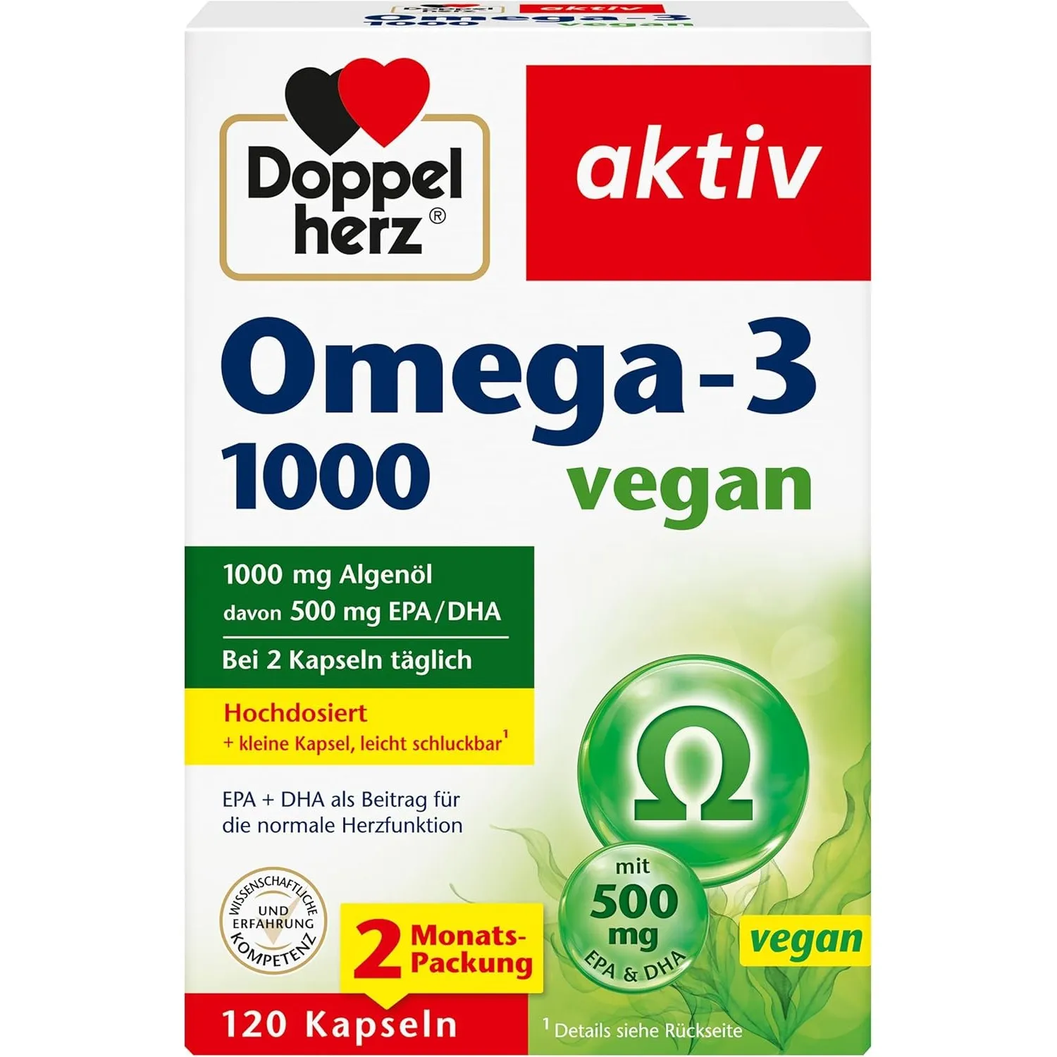 Doppelherz Omega-3 1000 vegan | Hochdosierte Omega-3-Fettsäuren EPA und DHA aus pflanzlichem Algenöl - 120 kleine, leic…