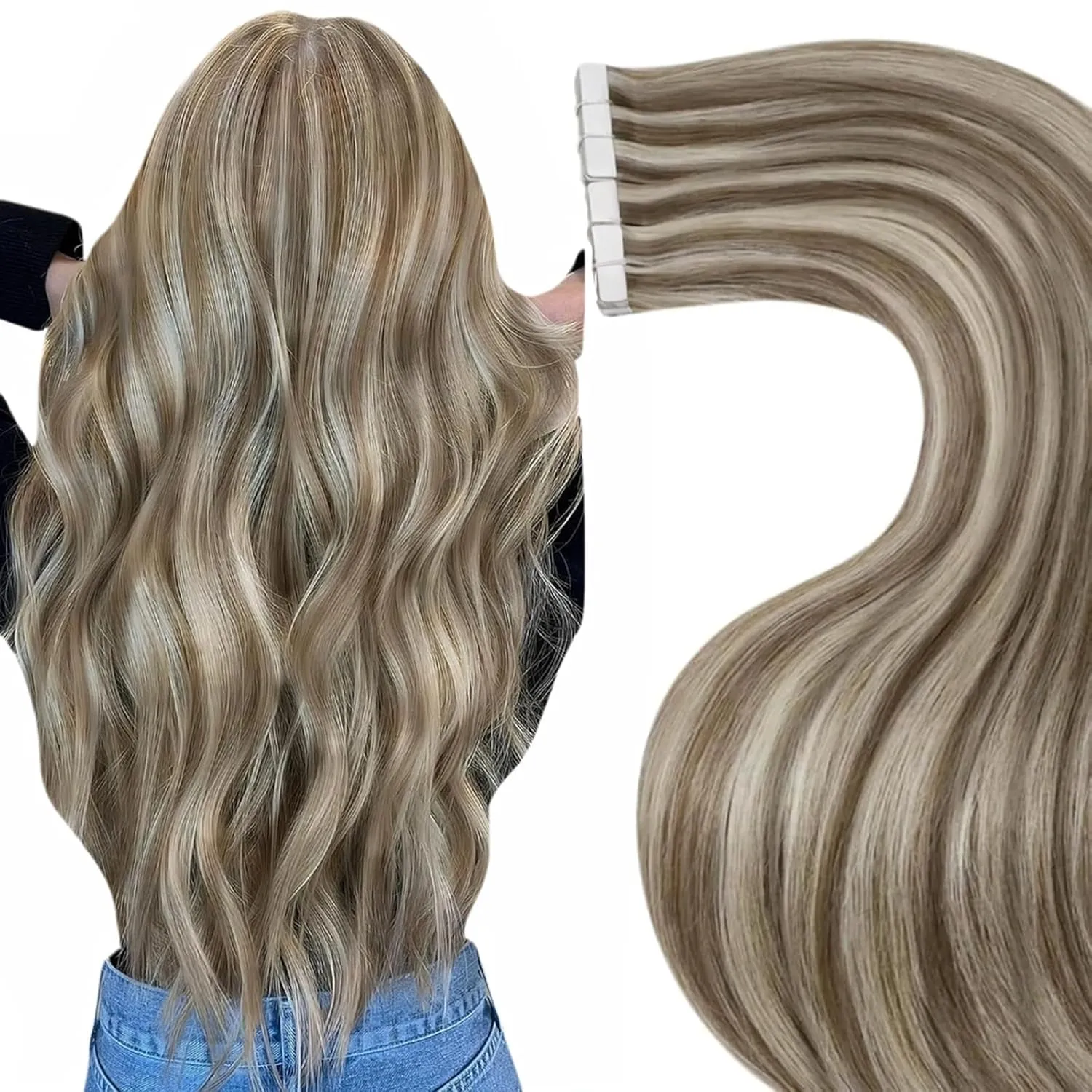 LaaVoo Echthaar Extensions Tape Braun Highlighted Tape in Hair Extensions Echthaar Skin Weft Hellbraun mit Hellblond Ha…