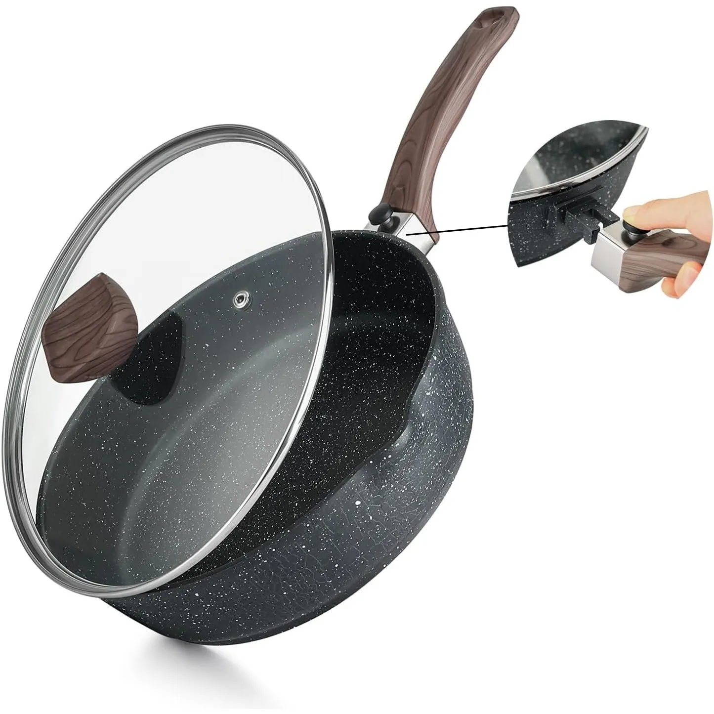 Kordisen Antihaft-Bratpfanne mit Deckel, 28 cm Induktion Sautepfanne mit Abnehmbarem Holzgriff, Granitsteinbeschichtung…