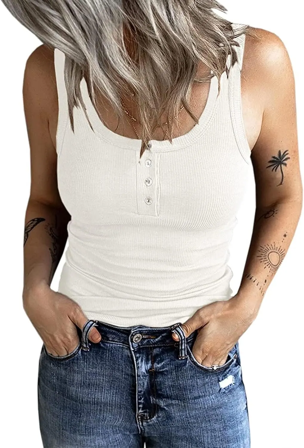 Fessceruna Women's Top, Sexy Scoop Neck, Tank Top, Sleeveless Summer Top, Ribbed Camisole with Buttons