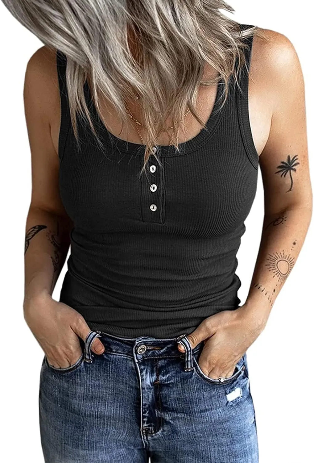 Fessceruna Women's Top, Sexy Scoop Neck, Tank Top, Sleeveless Summer Top, Ribbed Camisole with Buttons