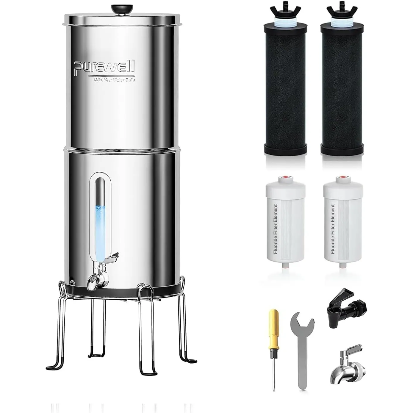Purewell Schwerkraft-Wasserfilter 8,5L – 8-Stufen-Filtersystem mit 4 Filtern (gegen Fluorid & Chlor) + Wasserstandsanze…