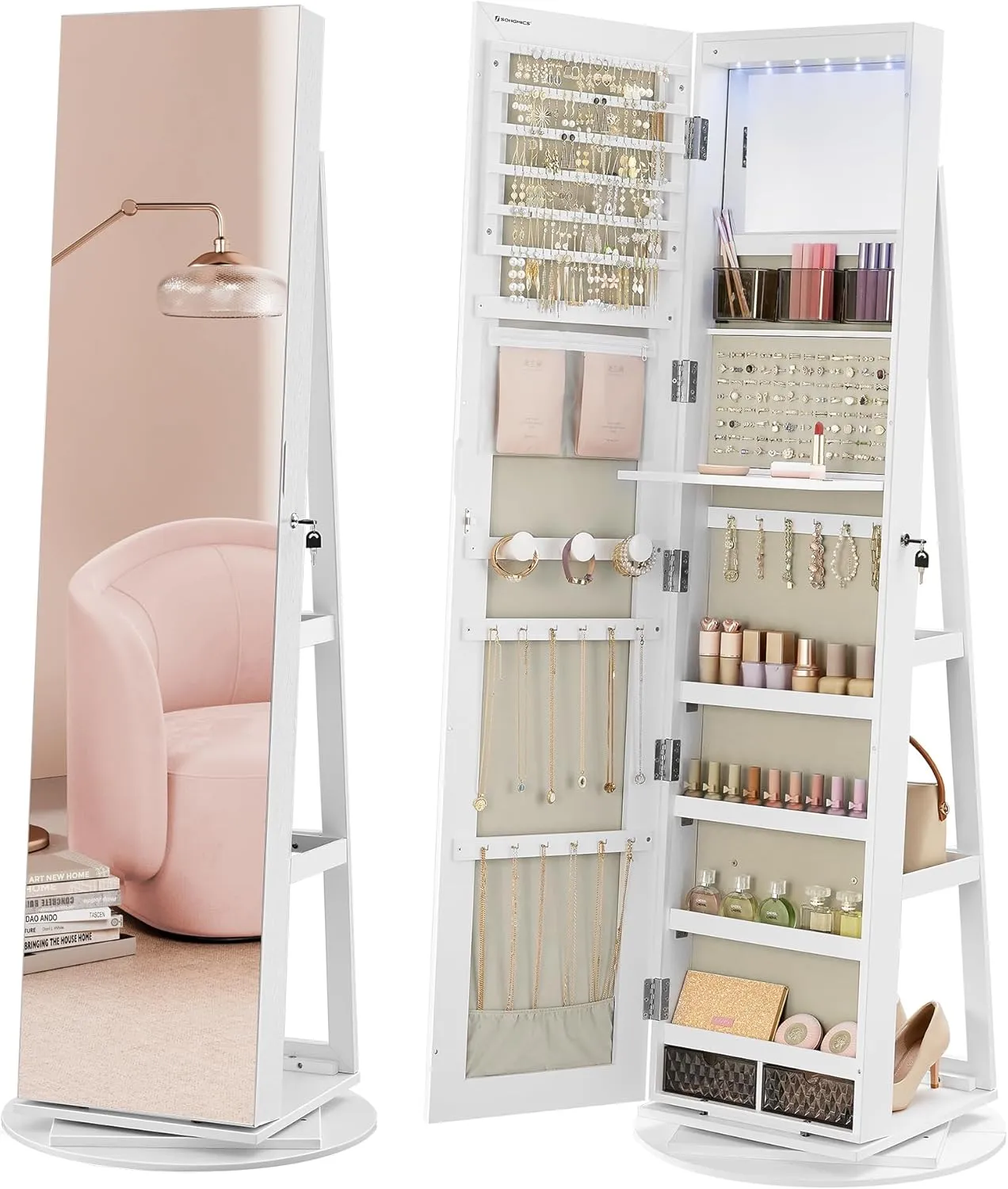 SONGMICS Schmuckschrank, Spiegelschrank, mit rahmenlosem Ganzkörperspiegel, 3 Ablagen, 360° drehbar, abschließbar, Ober…